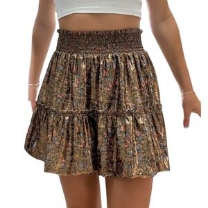 Free People Bubble In Mini Skirt. Tiered metallic Smocked Waist Floral Bronze L‎